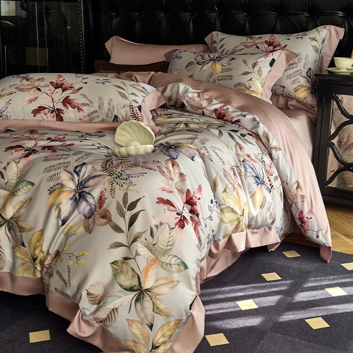 Seidiger Satin Botanisches Toile Bettbezug Set