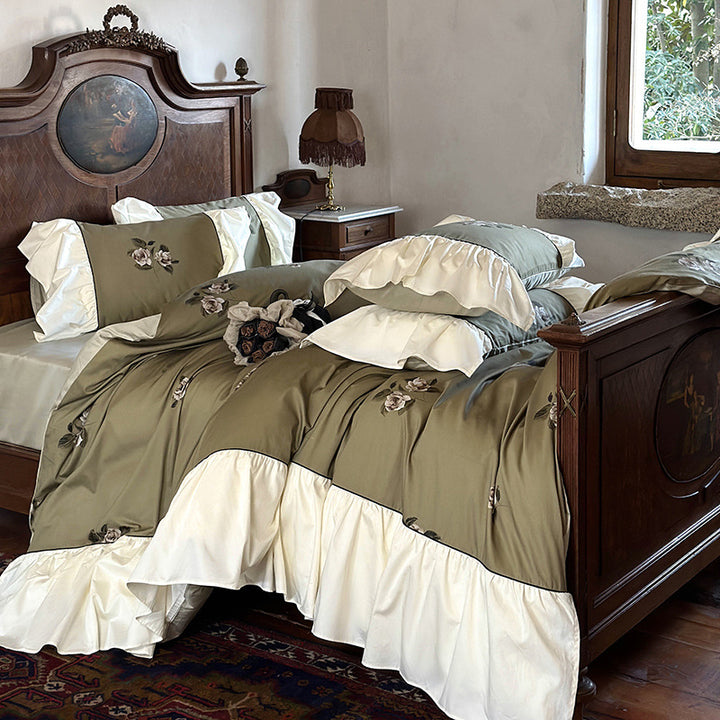 Rüsch Satin-Feel Bestickte Bettbezug-Set mit Dekorativem Rüschensaum