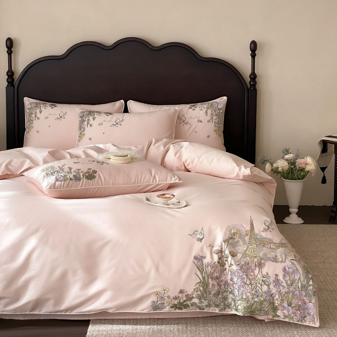 Luxuriöser Satin bestickter Bettbezug Set mit floralem Pariser Motiv