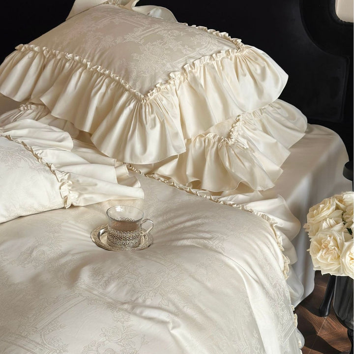 Rüsch Satin Jacquard Bettbezug Set mit gerafftem Rand und Kissenbezügen