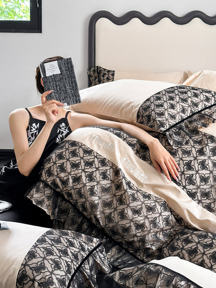 Luxuriöses Wendbares Baumwollsatin-Bettwäscheset mit Jacquard-Bordüre und Volant