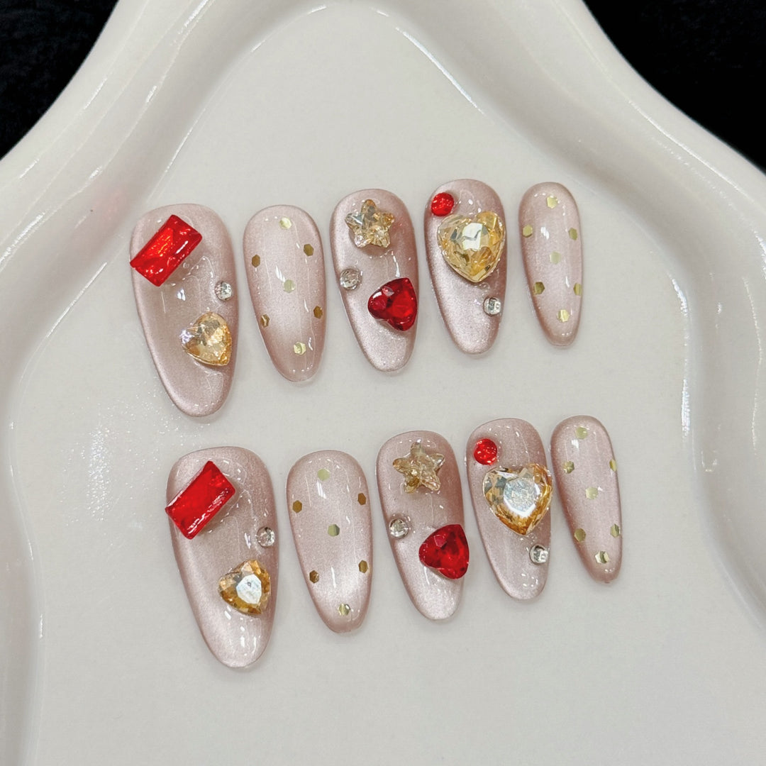 Künstlerisches Druck-Auf-Nagel-Set mit glamourösen Edelstein-Akzenten
