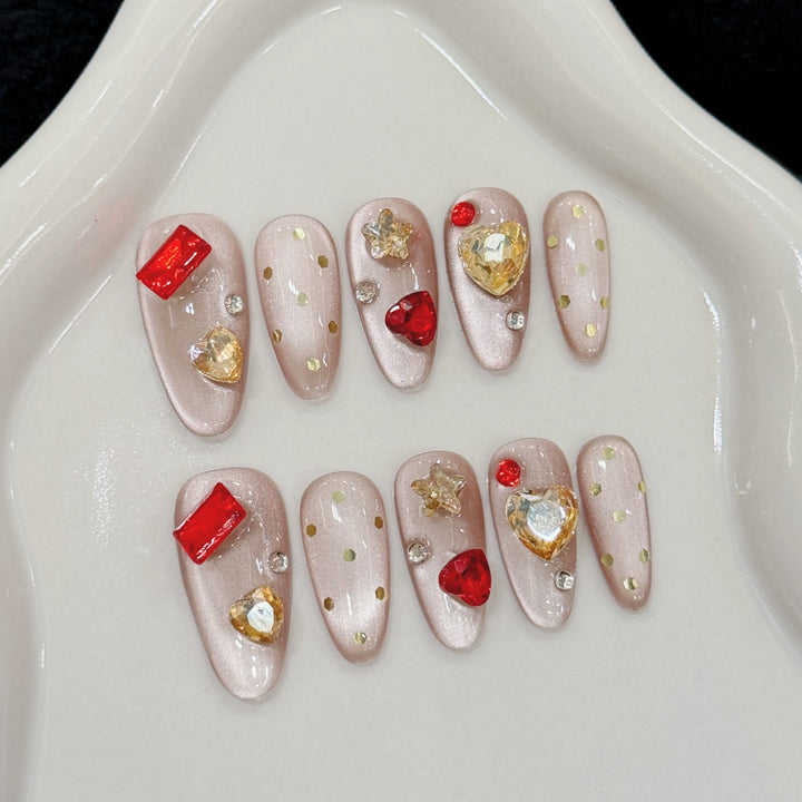 Künstlerisches Druck-Auf-Nagel-Set mit glamourösen Edelstein-Akzenten