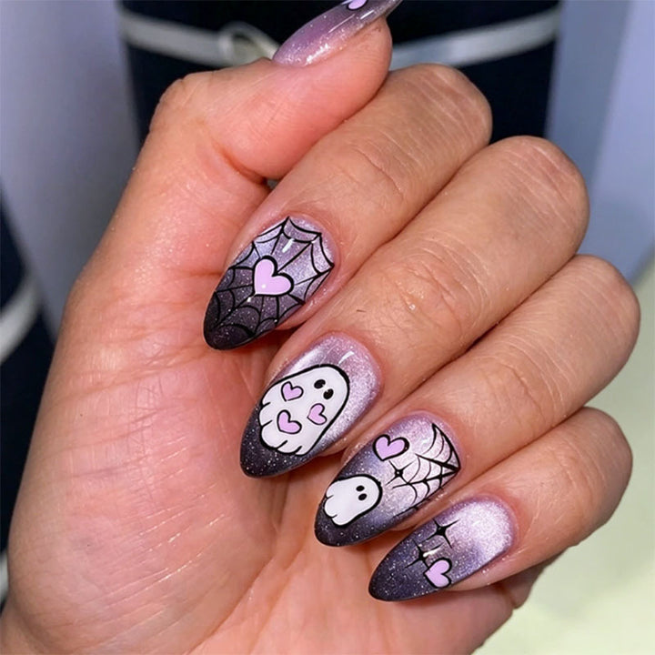 Halloween-Themed Press-On Nail Set mit Gespenst und Spinnen Designs