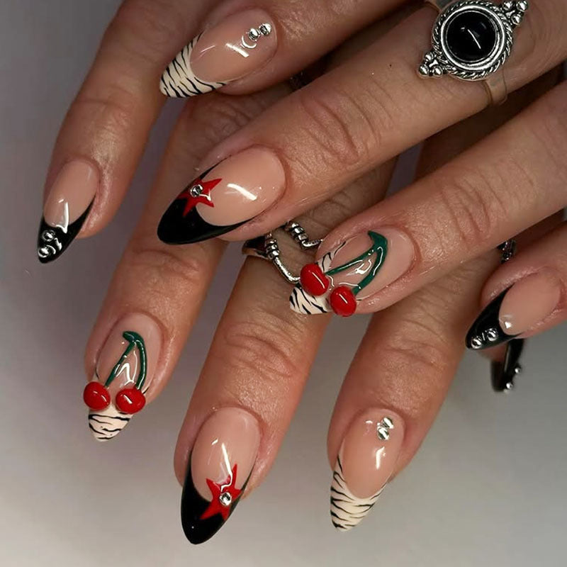 Künstlerisches Press-On Nagelkunstset mit Kirschdesign