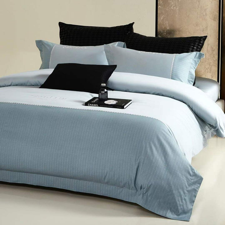 Luxuriöses Satin-Feel Wendebettbezug- und Kissenbezug-Ensemble mit Streifenbettdecke