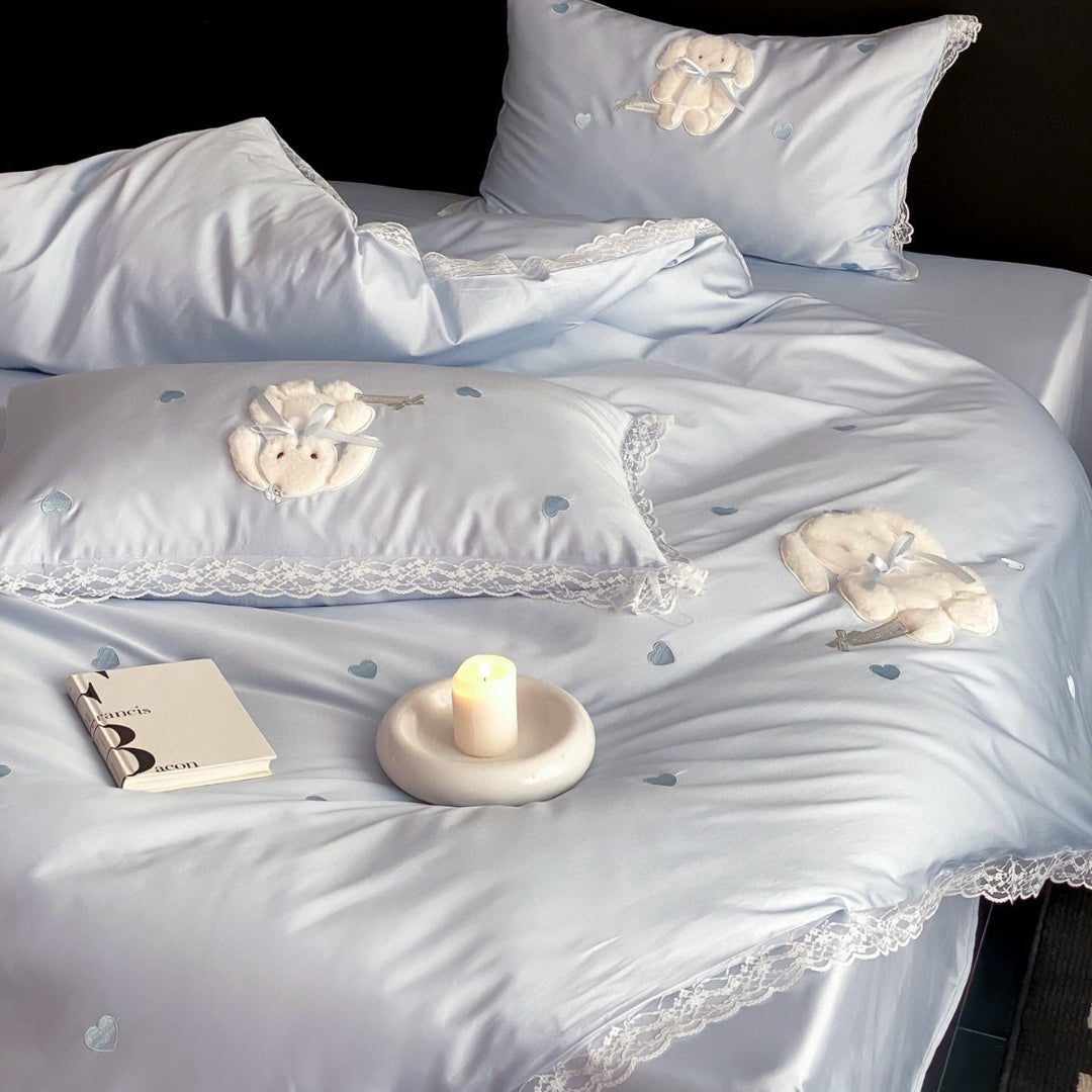 Bestickte Spitzenbesatz Plüsch-Applikation Baumwollsatin Bettdeckenbezug Set