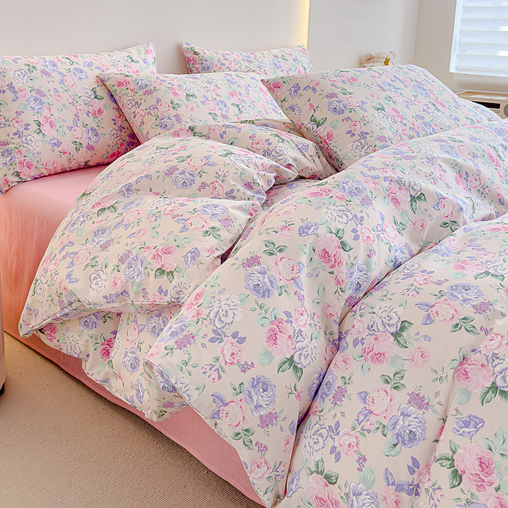 Rose-Print Baumwollsatin Bettbezug Ensemble mit hypoallergenem Daunenalternative Komforter