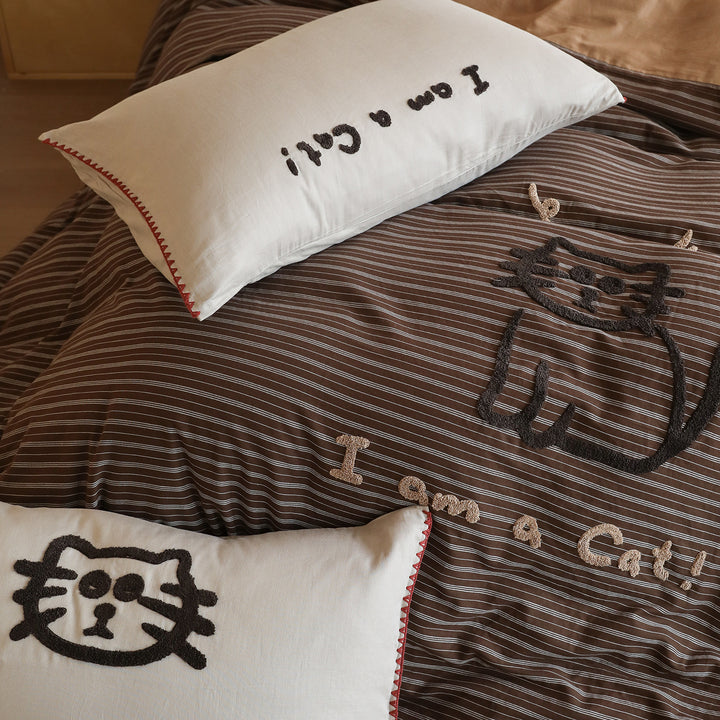 Striped Reversible Cotton Sateen Duvet Cover Set with Paw-Print Accent & Pillow Shams