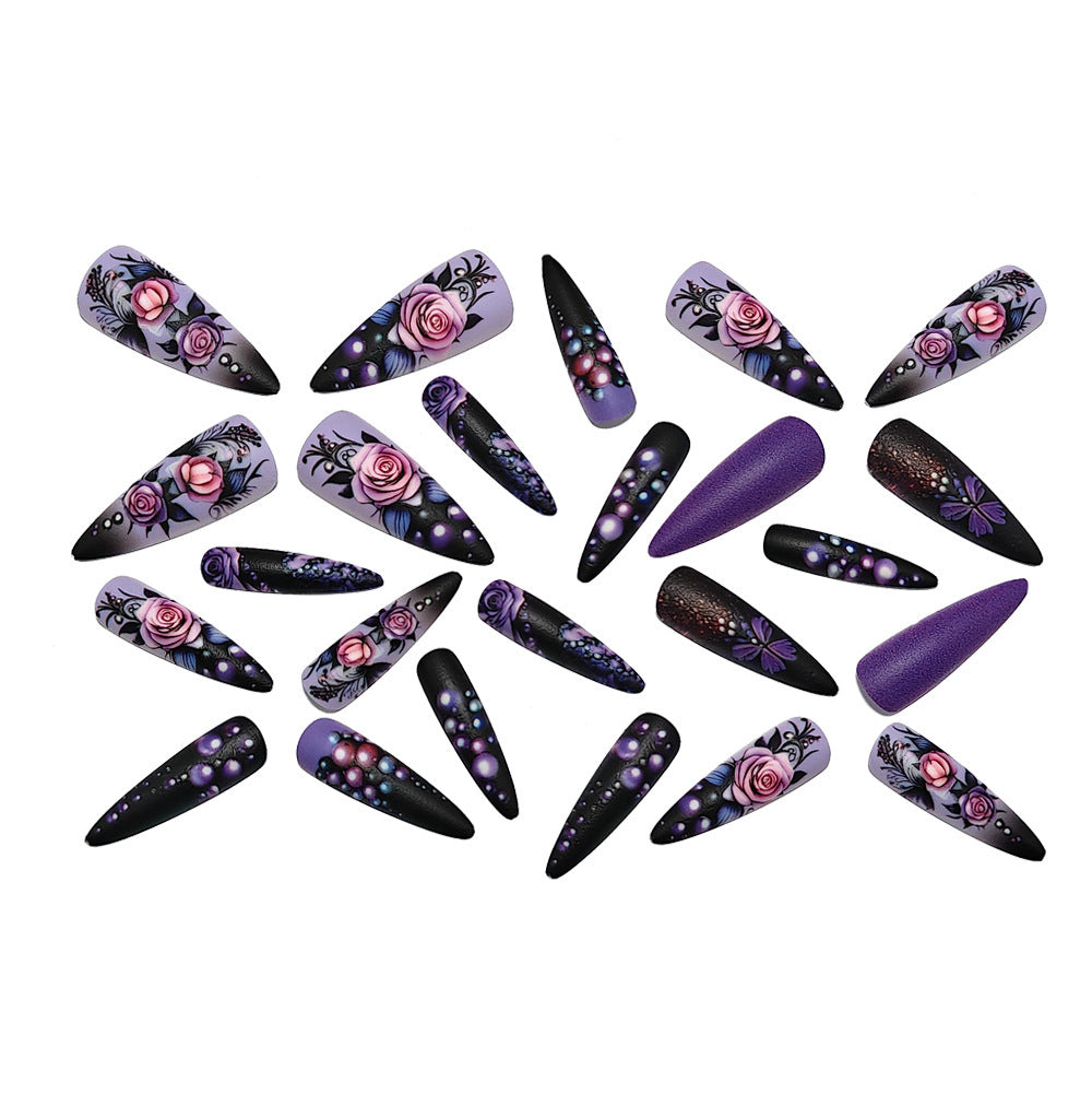 Elegante Kunstnägel mit erhabenem Blumen- und Perlen-Design Karnz