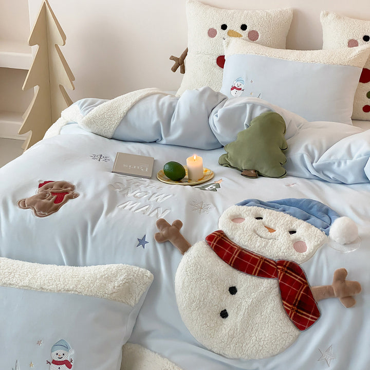 Kindermantel Sherpa-Besatz bestickte Schneemann Bettwäsche Set mit Kissenbezügen