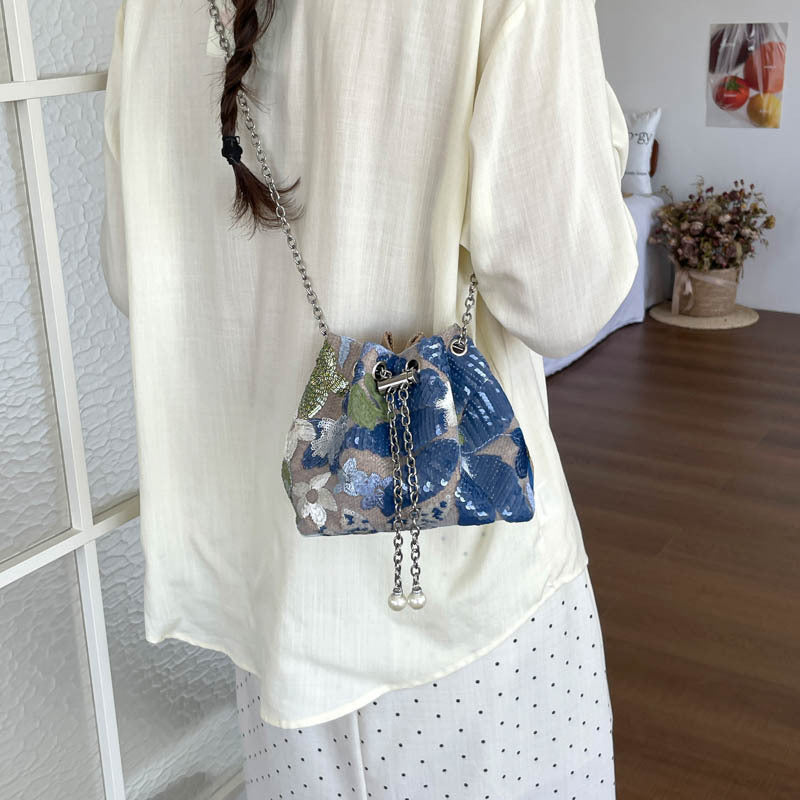 Pailletten Blumige Mini Drawstring Handtasche
