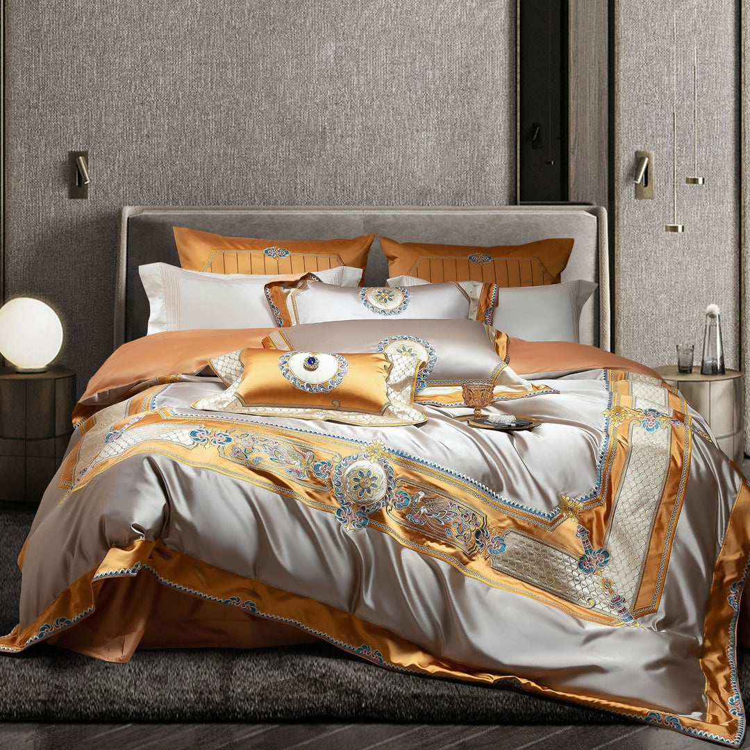 Seideffekt Medaillon Bestickte Satin Bettbezug & Kissenbezug Set