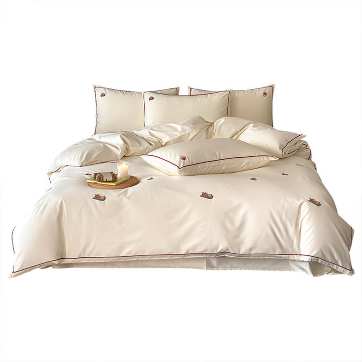 Bestickte Baumwollsatin Bettbezugset mit Paspelrand & Mini Tiermotiven