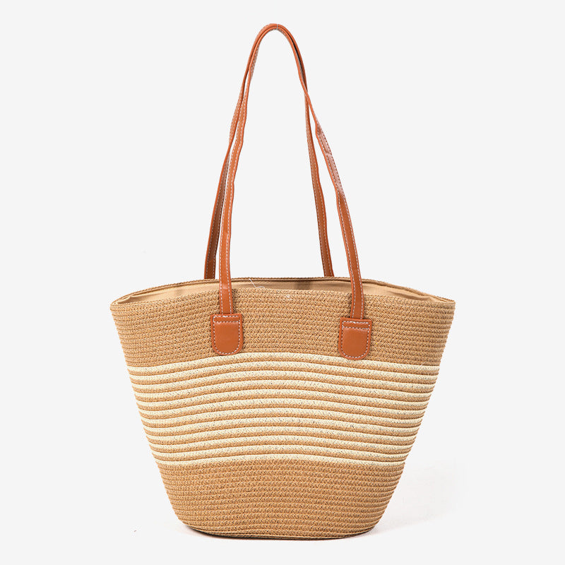 Damen elegante Strohtasche mit stilvollen Ledergriffen Karnz