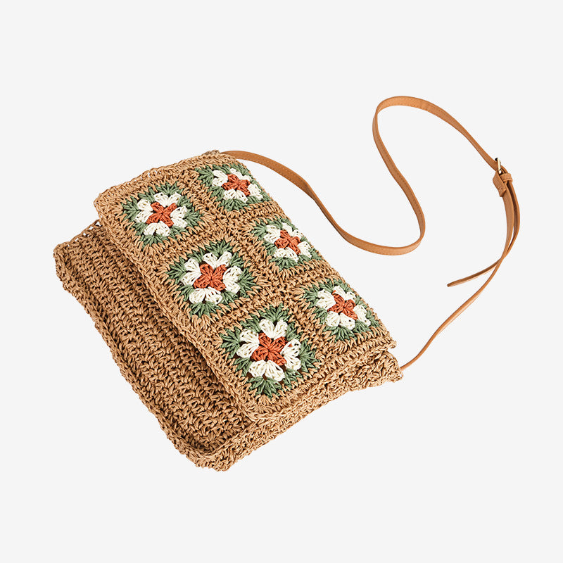 Damen Handtasche aus geflochtenem Naturmaterial mit bunten Applikationen Karnz