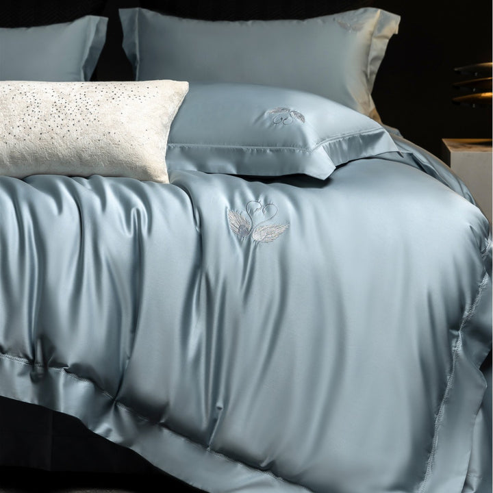Luxus Seideneffekt Besticktes Schwanmotiv Bettbezug Set