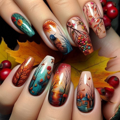 Kreative Kunstnägel mit floralen und künstlerischen Mustern Karnz
