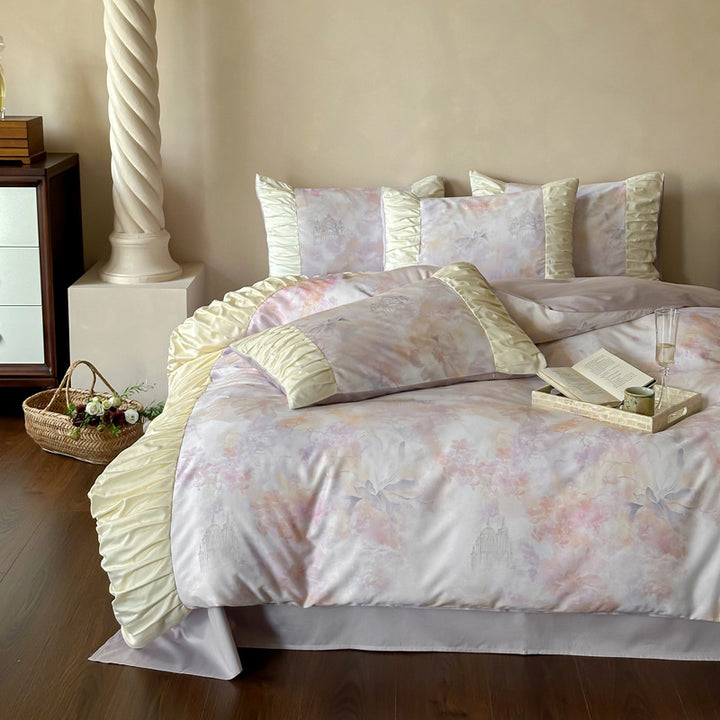 Pastell Aquarell Floral Satin-Trim Rüsch Bettbezug Set