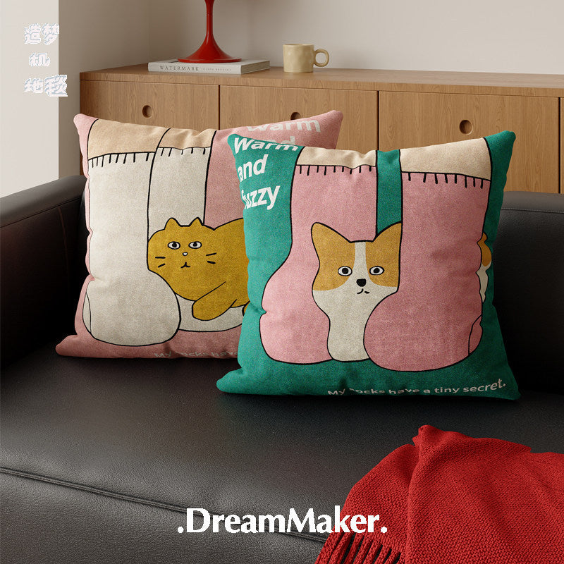 Plush Decorative Square Throw Pillow Cover with Cartoon Cat and Cozy Sock Illustration