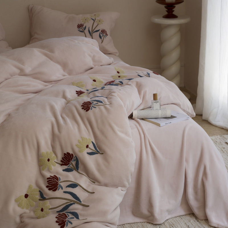 Botanisches Besticktes Plüsch Baumwoll Bettbezug Set mit Wendbarem Steppbett