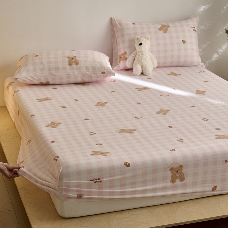 Spannbettlaken- und Kissenbezug-Set für Kinder aus weichem Baumwoll-Jersey mit Karomuster und Teddy-Print