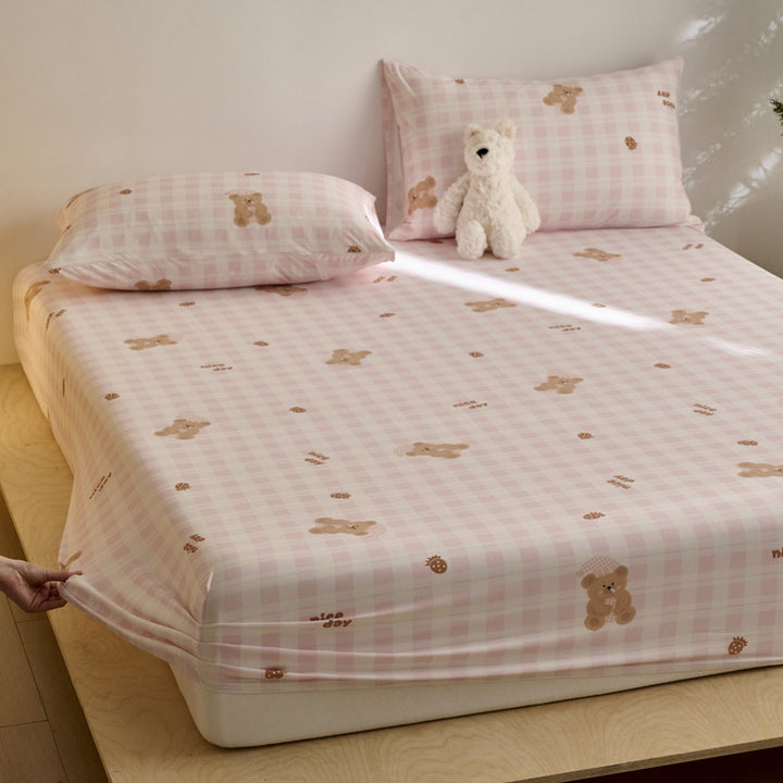Spannbettlaken- und Kissenbezug-Set für Kinder aus weichem Baumwoll-Jersey mit Karomuster und Teddy-Print