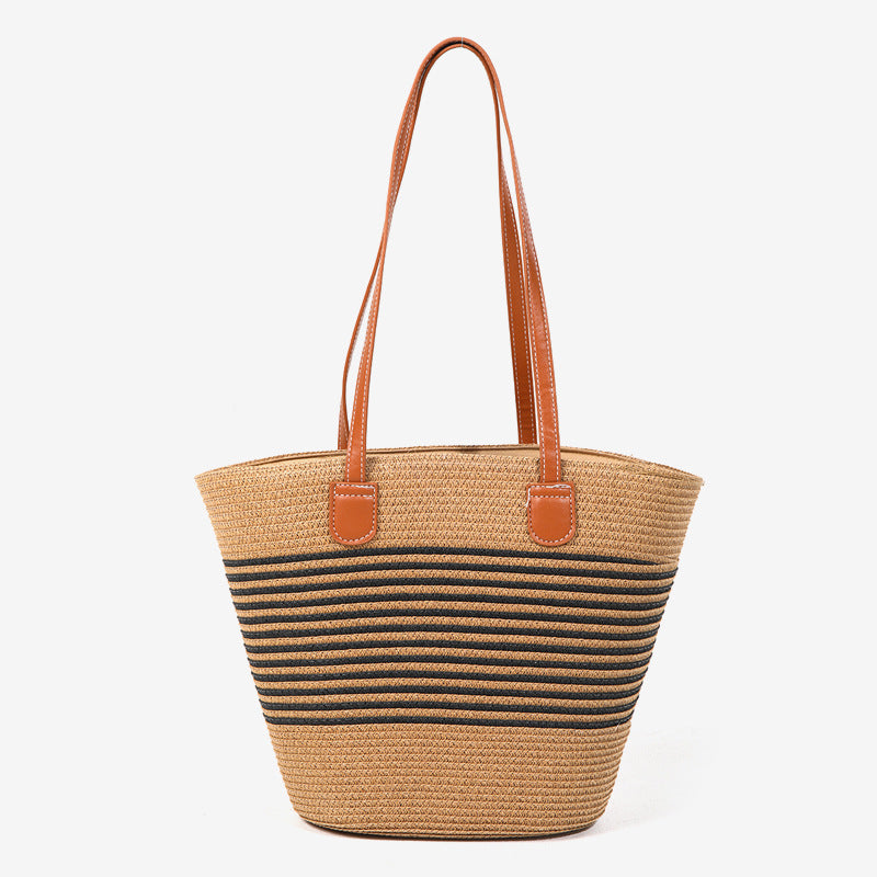 Damen elegante Strohtasche mit stilvollen Ledergriffen Karnz