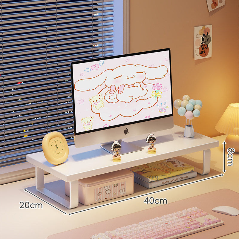 Kompakte Holz-Desktop-Monitorerhöhung mit Metallbeinen und unterer Ablagefläche