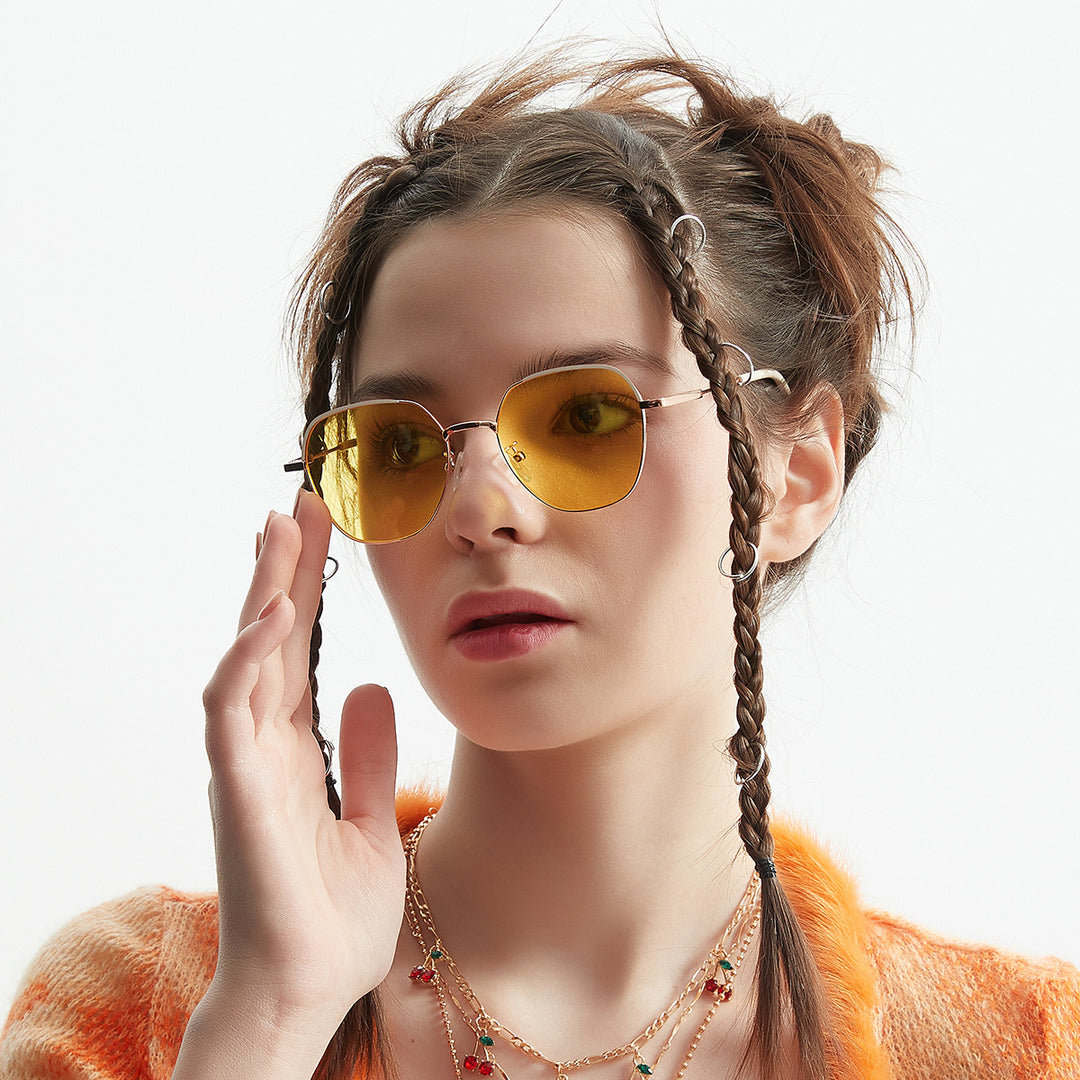 Damen modische Sonnenbrille mit schmalem Metallrahmen und blauen Gläsern Karnz