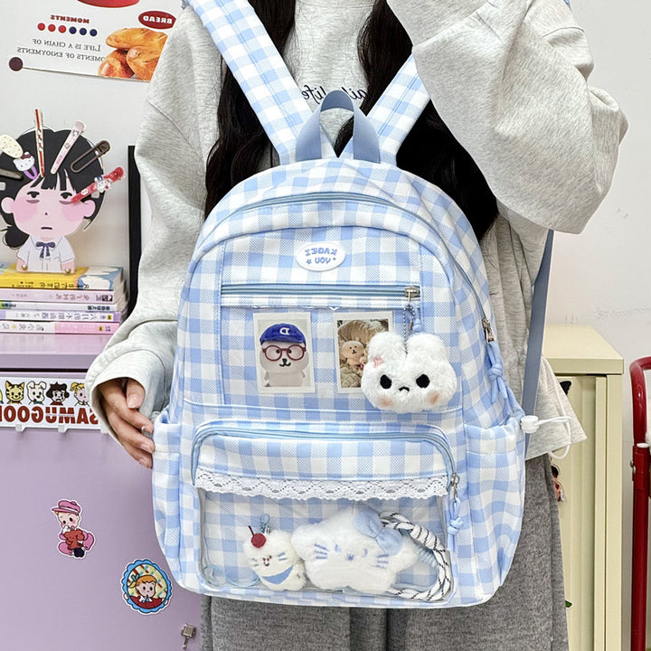 Transparente Fronttaschen Karomuster Rucksack Karnz