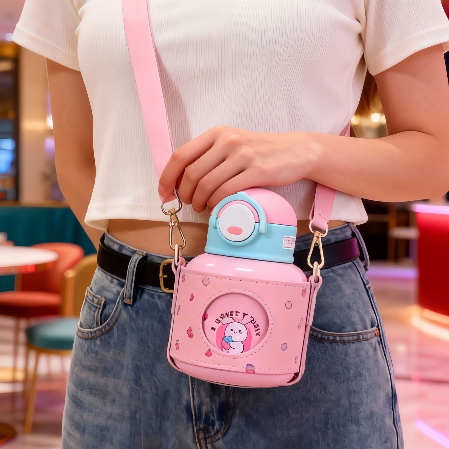 Damen Isolierte Trinkflasche mit fröhlichem Design und praktischem Tragriemen Karnz