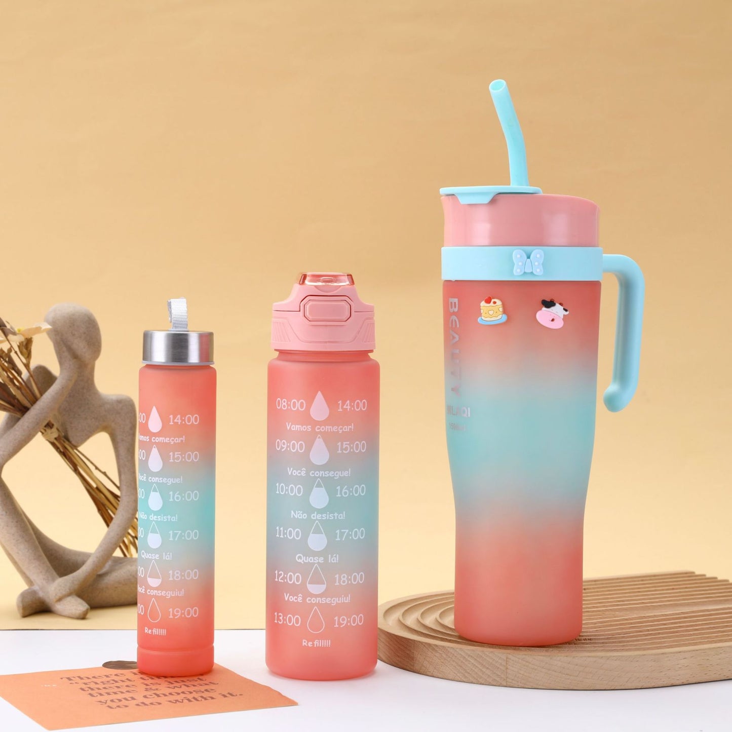 Damen stilvolle und praktische Wasserflasche mit Motiv und Zeitmarkierung Karnz