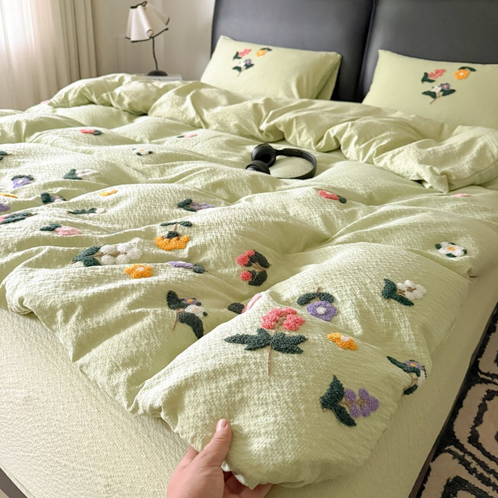 Texturiert Gesticktes Floral Bettbezug-Set mit Tufted Applikation