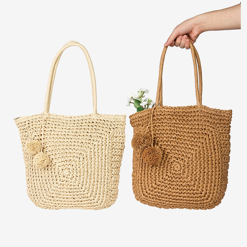 Damen Handgefertigte Basttasche mit verspieltem Pompon-Detail Karnz