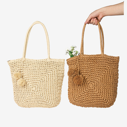Damen Handgefertigte Basttasche mit verspieltem Pompon-Detail Karnz