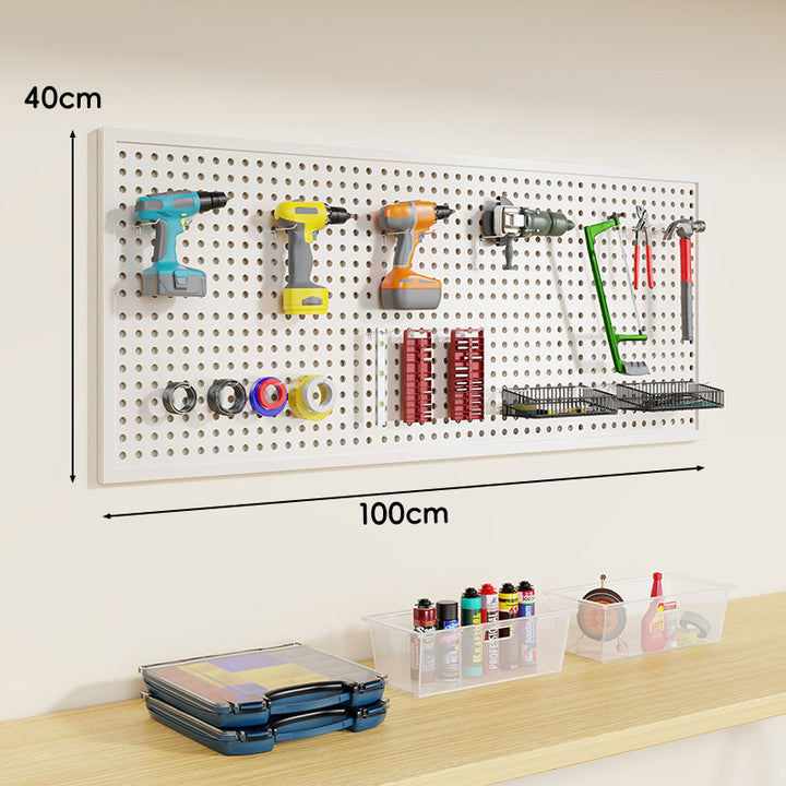Wandmontiertes perforiertes Metall-Pegboard-Werkzeugorganisator-Panel mit modularen Haken und Aufbewahrungsbehältern