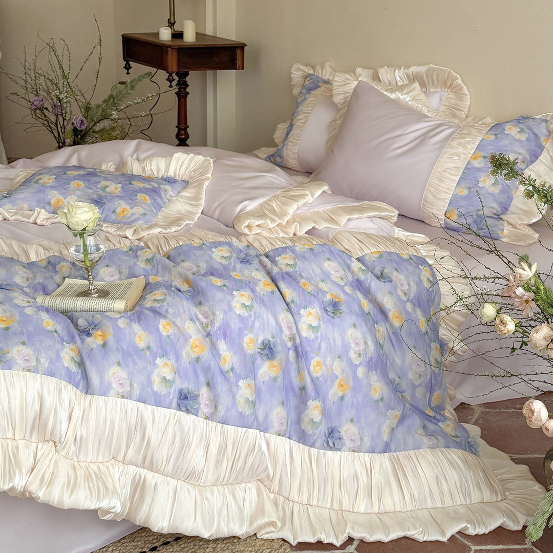 Floral Rüsch Baumwollsatin Bettbezug Set mit gefälteltem Saum und wendbaren Kissenbezügen