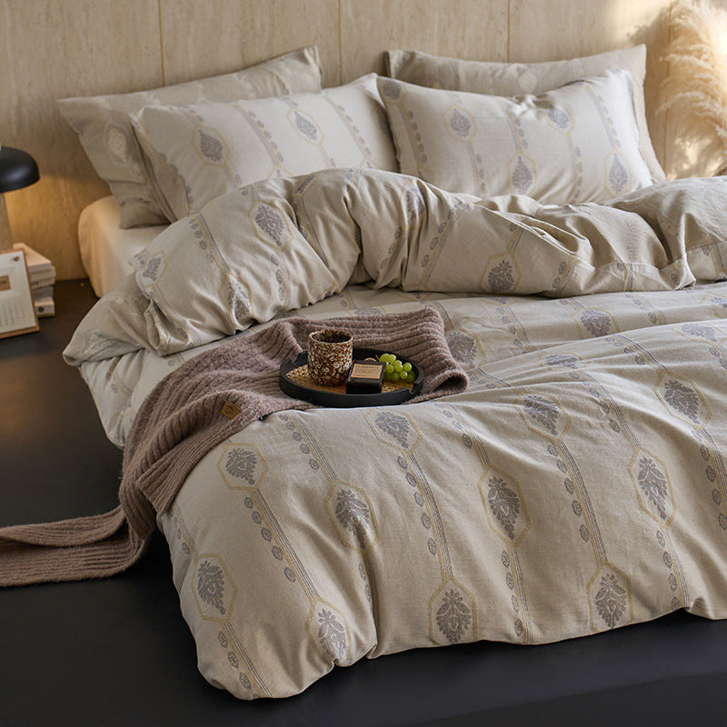 Bedwäsche aus Baumwoll-Leinen-Mischung mit vertikalem Medaillon-Muster und tiefen Taschenkissenbezügen