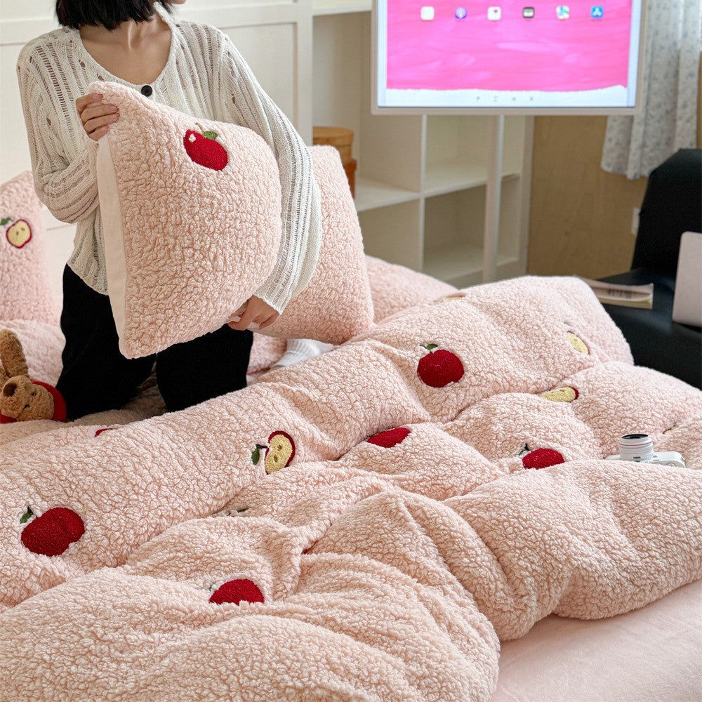 Plüsch-Steppbett-Garnitur mit Kaninchen-Stickerei und Sherpa-Oberfläche