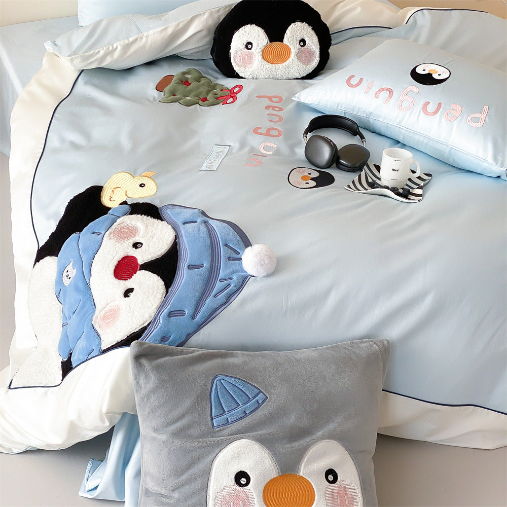 Kinderbettwäsche-Set mit gestickten dreidimensionalen Pinguinapplikationen und weichem Baumwollsatin