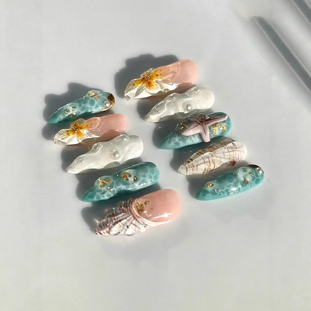 Ozean-inspiriertes 3D dekoratives Press-On-Nagel-Set Karnz