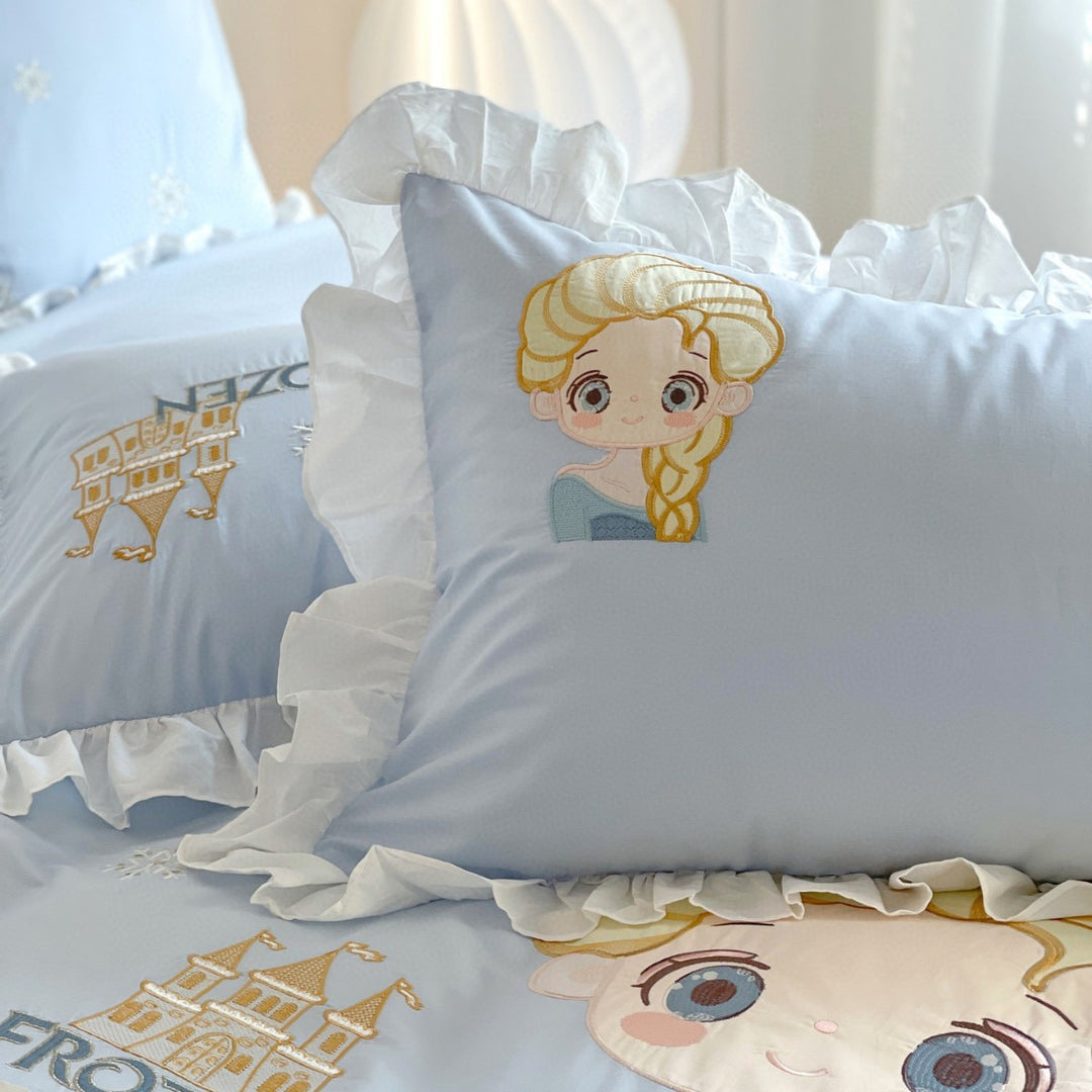 Prinzessin Frozen Bestickter Rüschender Baumwoll Bettbezug Set mit Dekorativen Wurfkissen