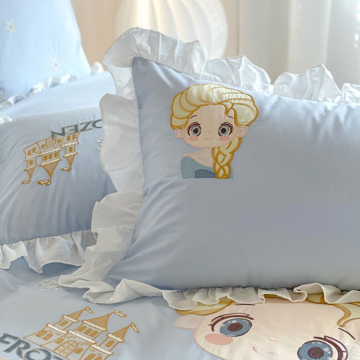 Prinzessin Frozen Bestickter Rüschender Baumwoll Bettbezug Set mit Dekorativen Wurfkissen
