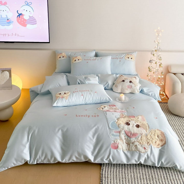 Satin bestickte niedliche Katzen Bettbezugset