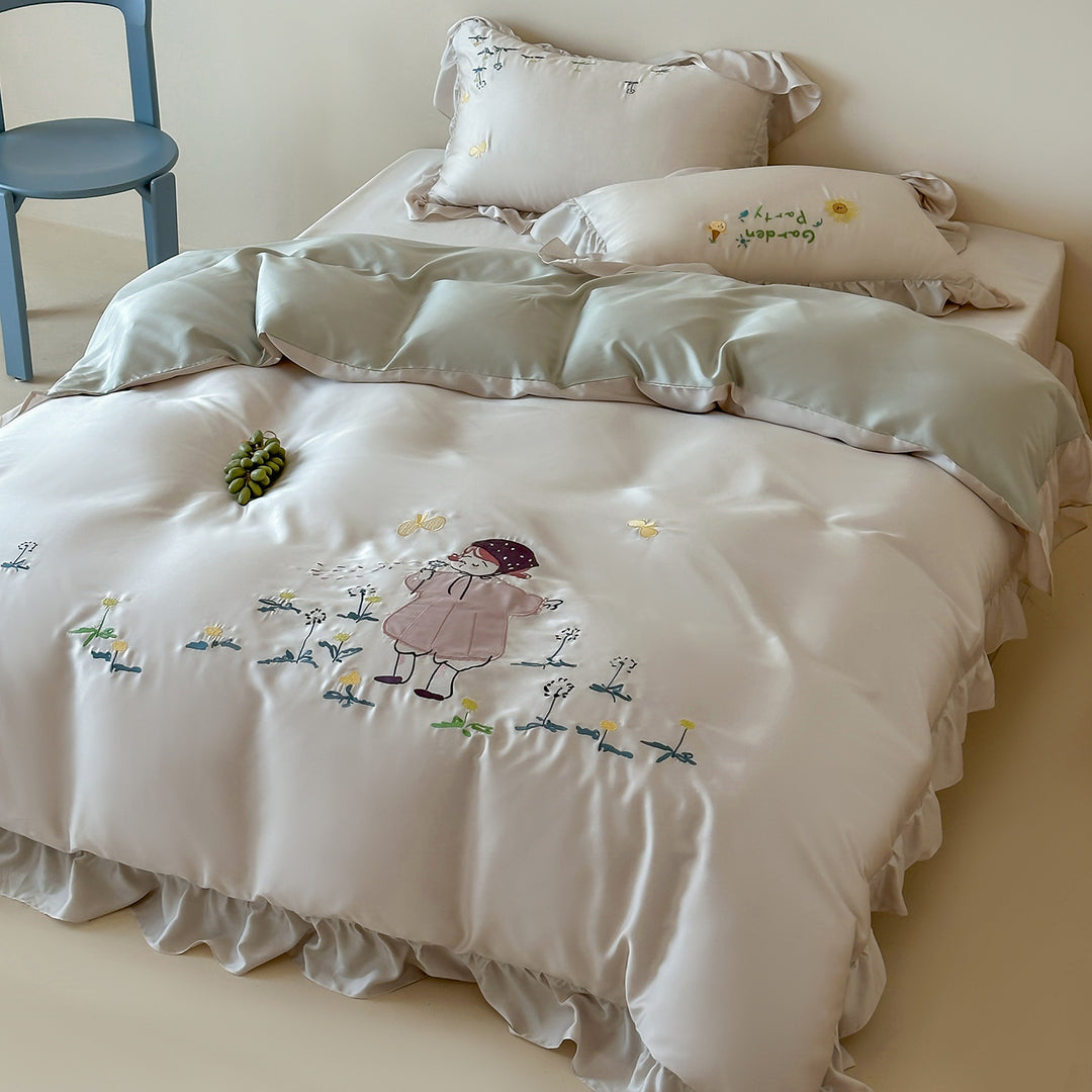 Kinderbedrucktes Baumwollsatin-Bettbezug-Set mit Aquarell-Tierillustrationen und Kissenbezügen