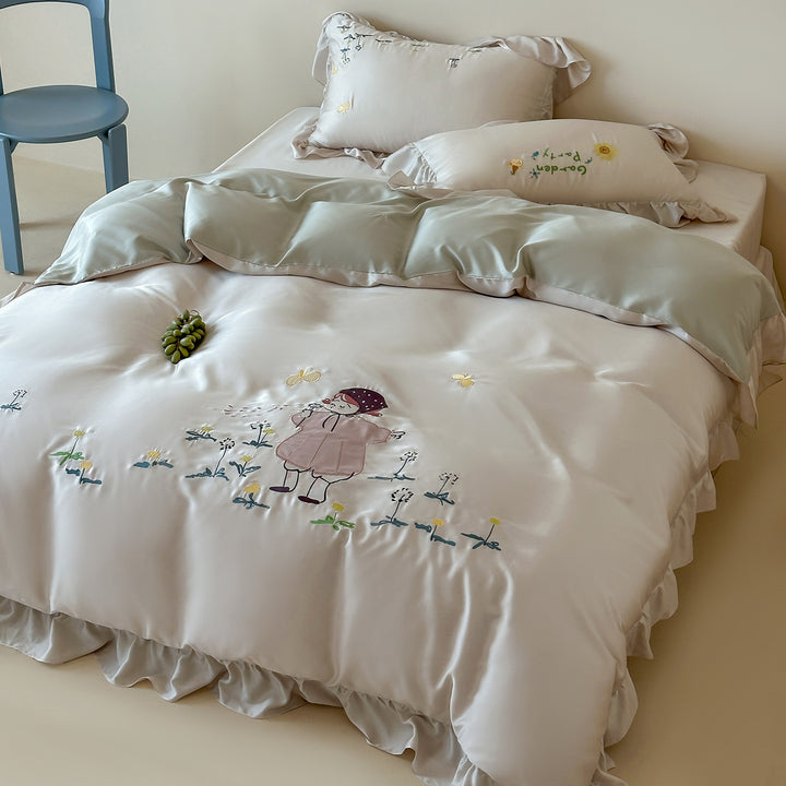 Kinderbedrucktes Baumwollsatin-Bettbezug-Set mit Aquarell-Tierillustrationen und Kissenbezügen