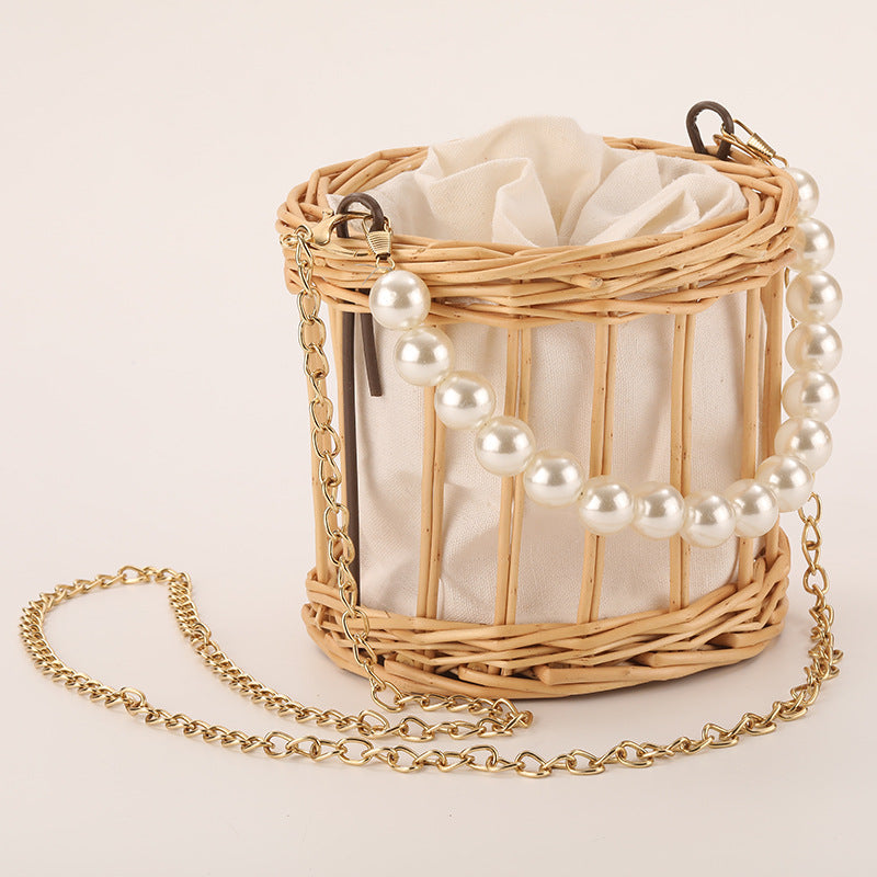 Damen elegante Korbtasche mit Perlenkette Karnz