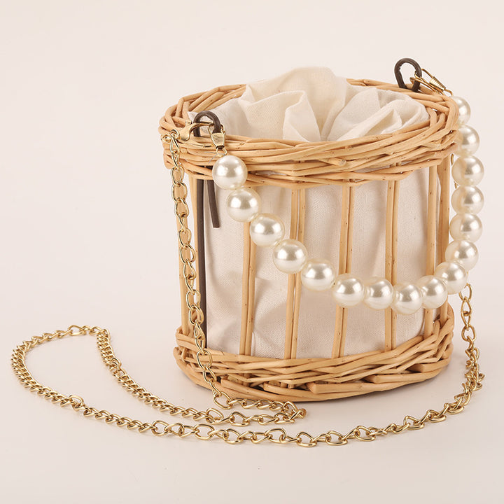 Damen elegante Korbtasche mit Perlenkette Karnz