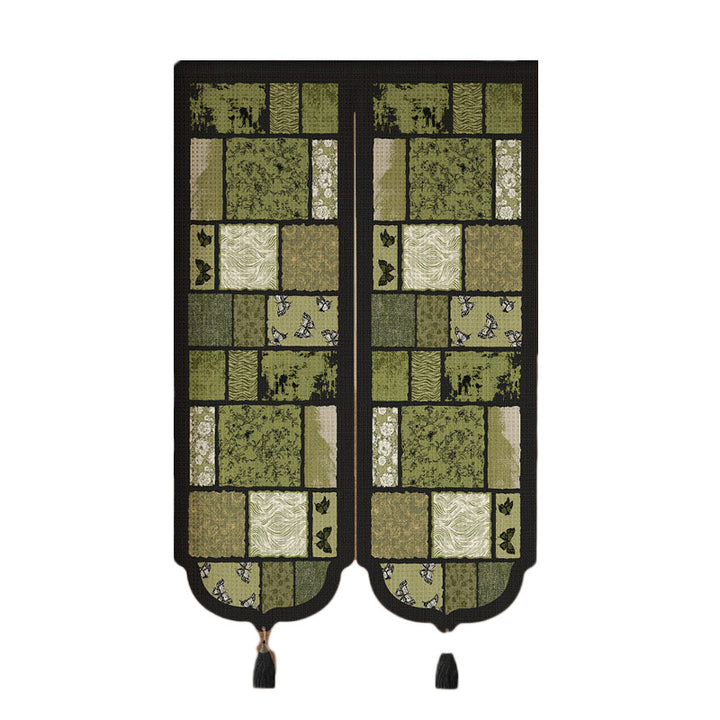 Botanical Patchwork Split-Panel Noren Doorway Curtain with Weighted Tassels